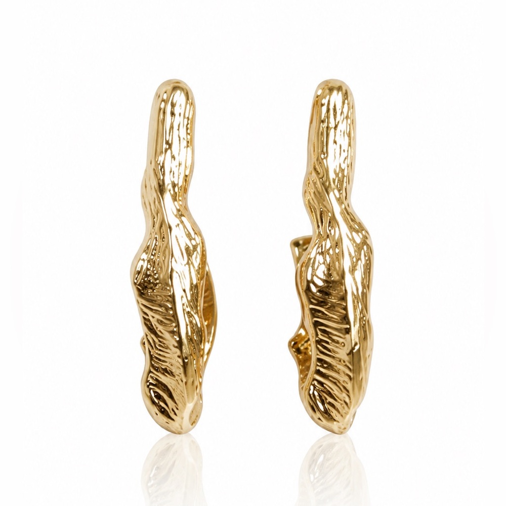 Textured Gold Wave Earrings With Pearl Accent